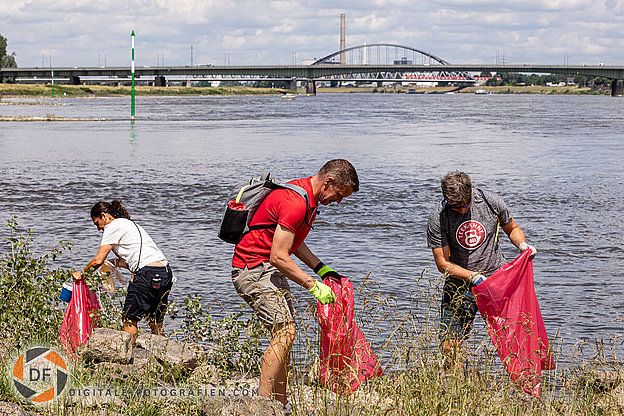 Müll sammeln am Rhein in Düsseldorf Rhein