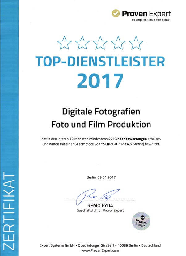 Auszeichung zum Top-Dienstleister 2017 der Fotografen Auszeichnung